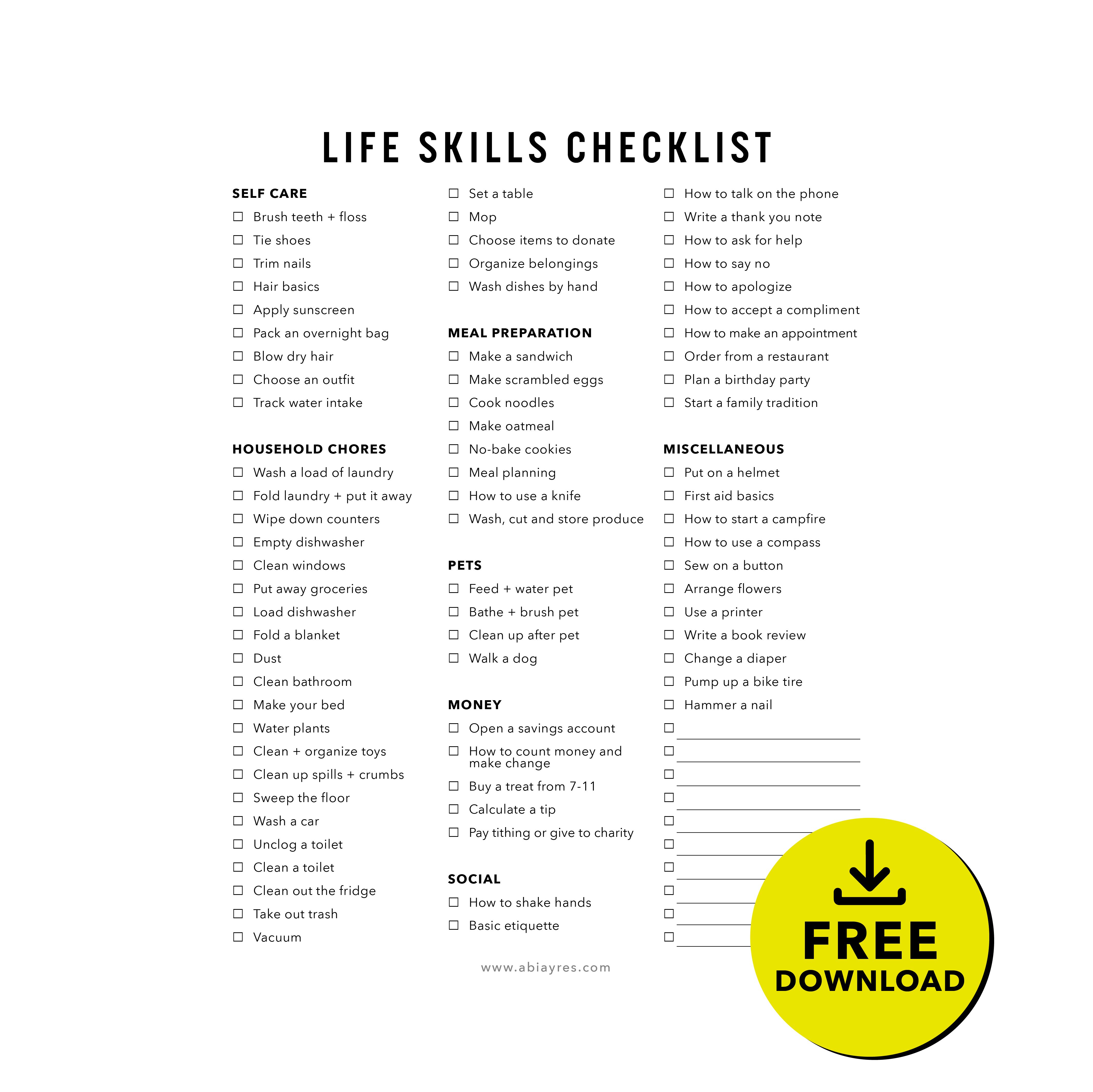 Life Skills Checklist for Kids