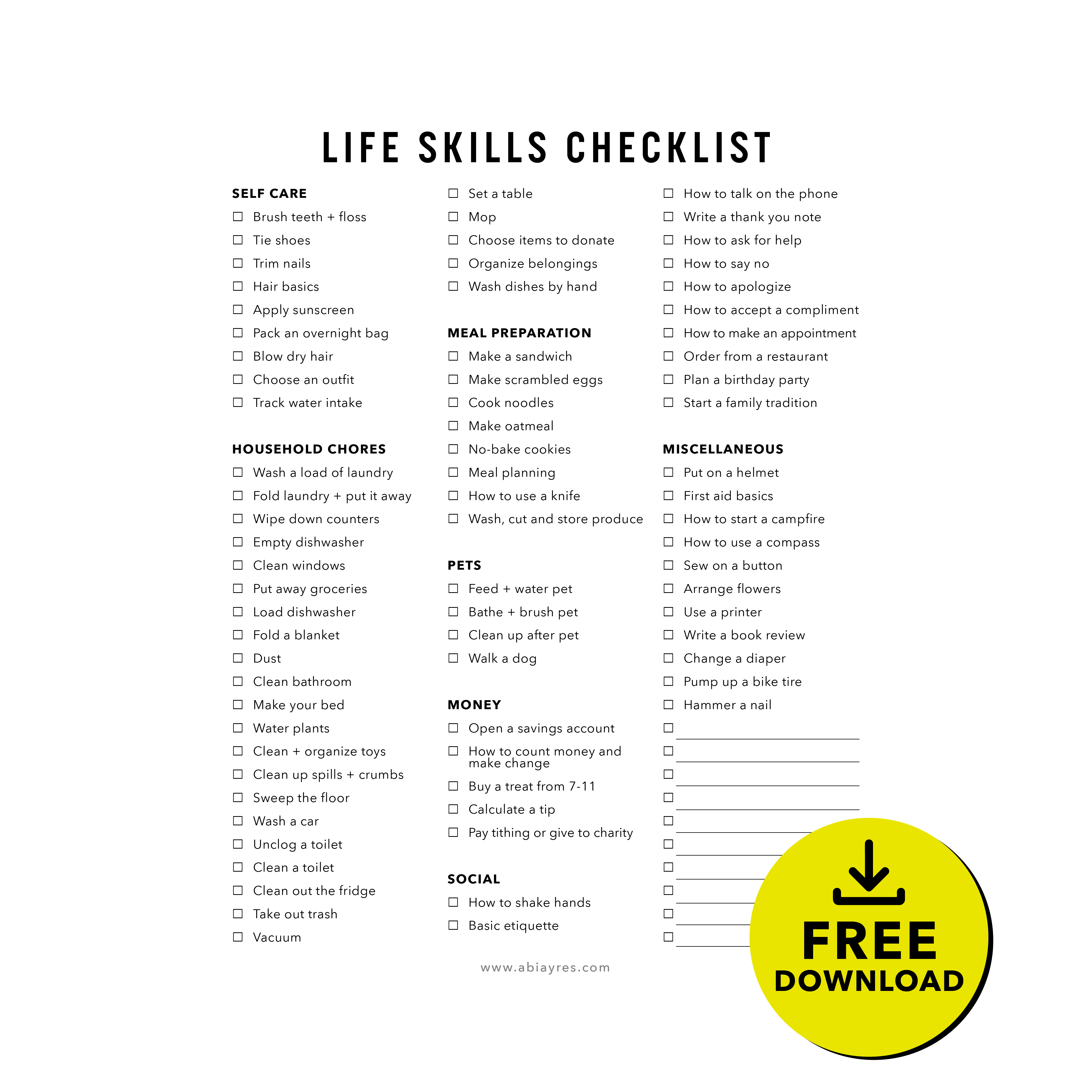 Life Skills Checklist for Kids Abi Ayres