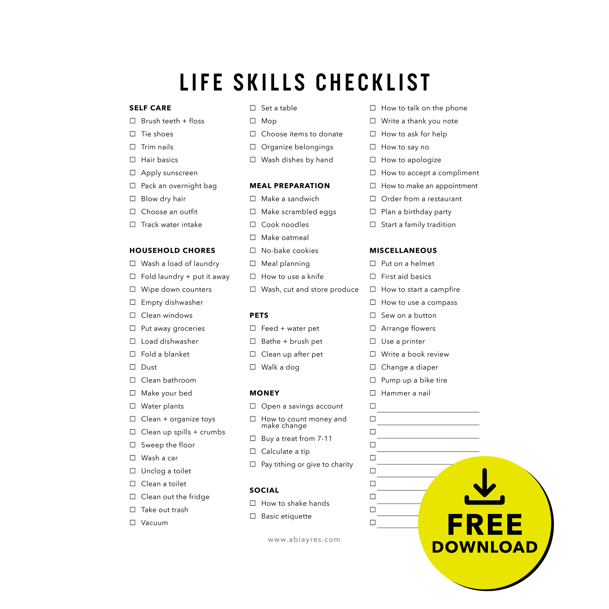 Life Skills Checklist for Kids – Abi Ayres