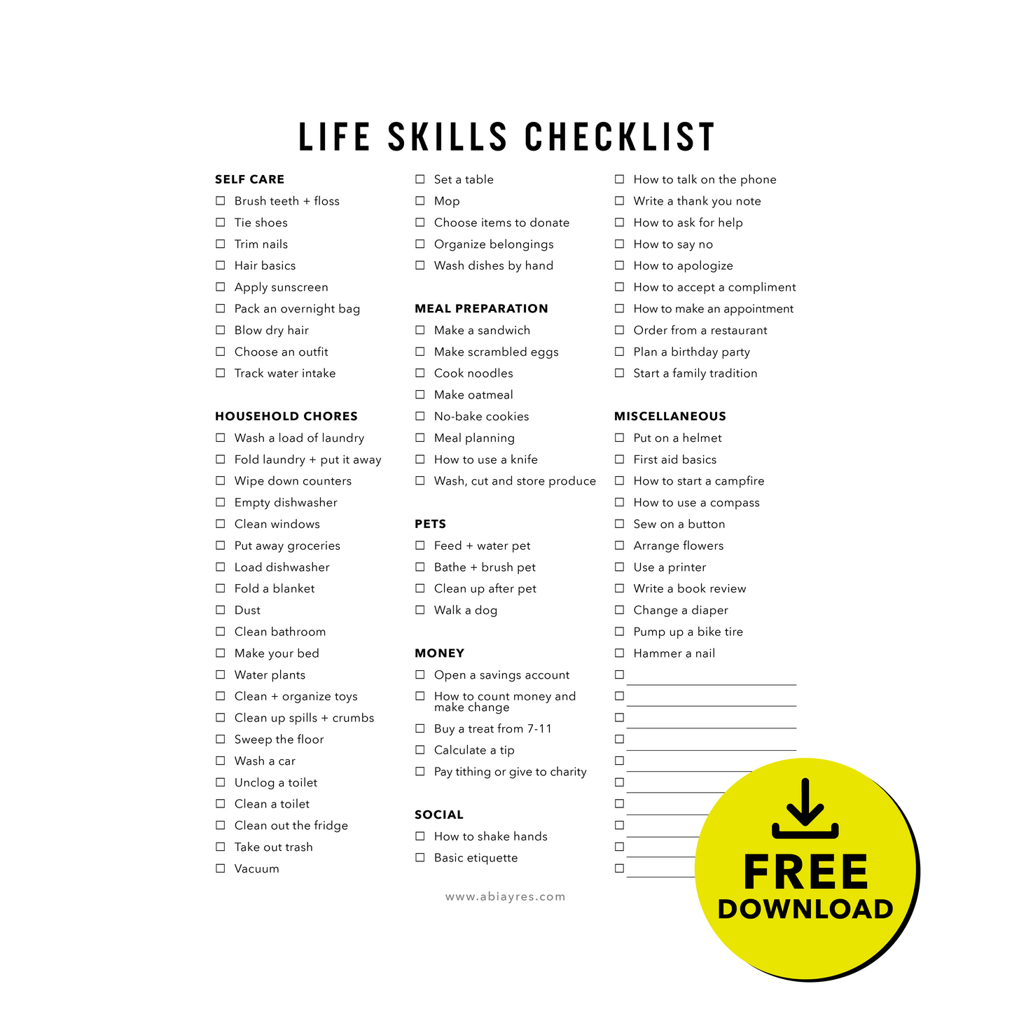 Life Skills Checklist for Kids