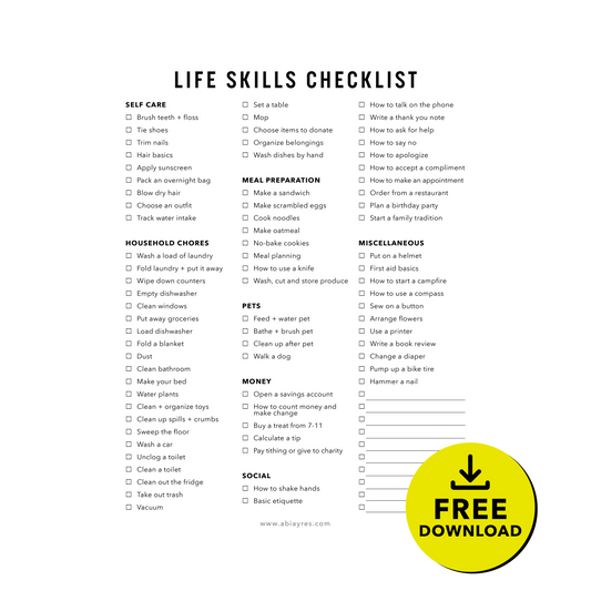 Life Skills Checklist for Kids