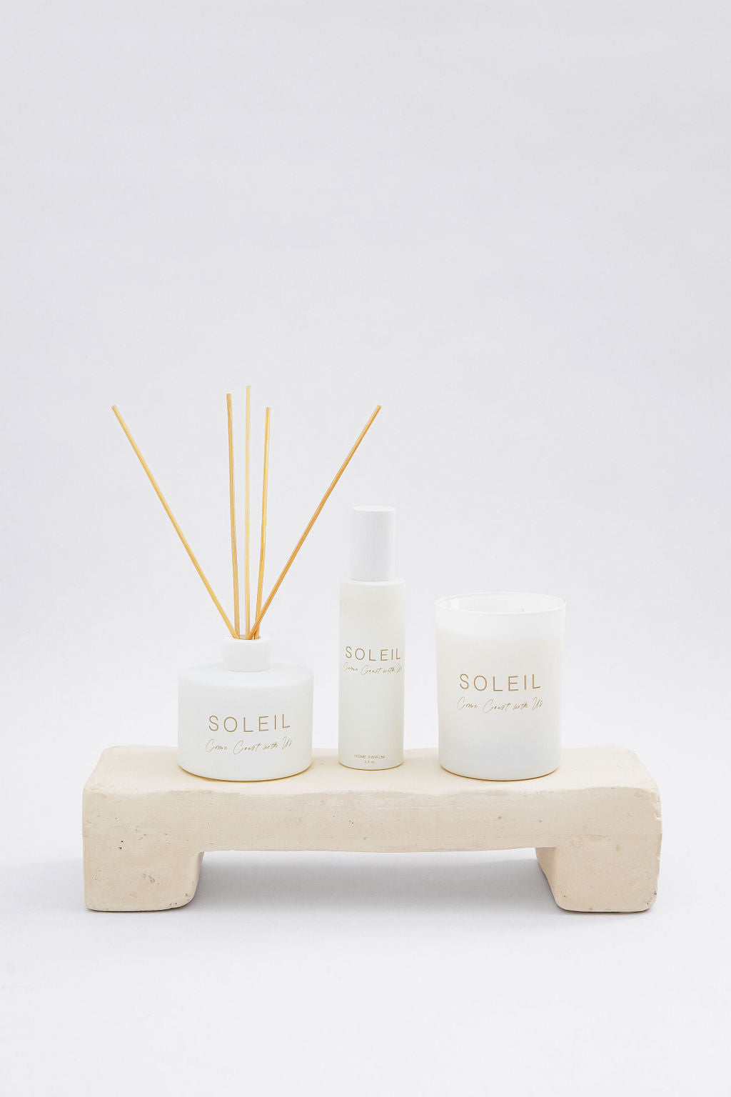 SOLEIL Three Piece Collection: Candle, Home Parfum + Reed Diffuser: GLDESIGN x FLORACO