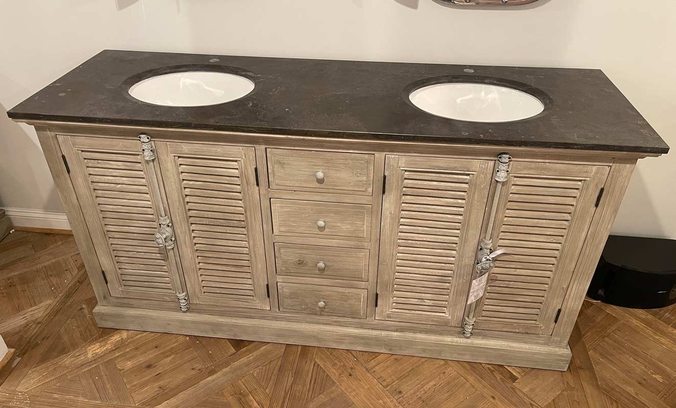 Jane's Apartment - Double Sink Vanity Louvered Dr Large Washed Cabinet