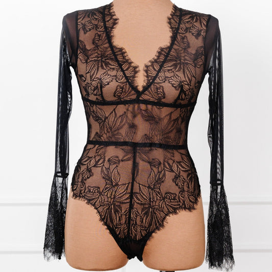 Eyelash Lace Bell Sleeve Teddy - Black