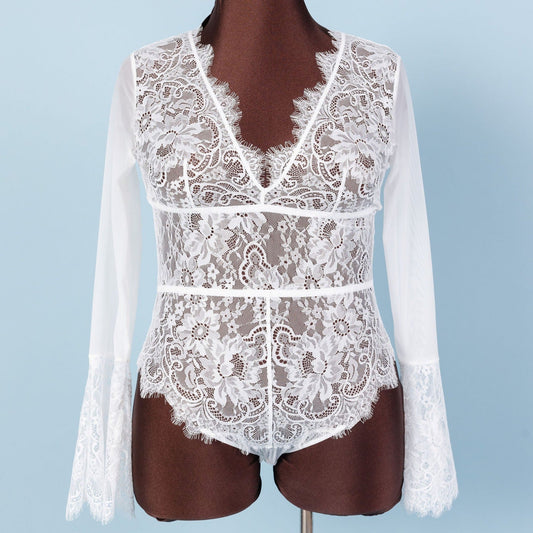 Eyelash Lace Bell Sleeve Teddy - White