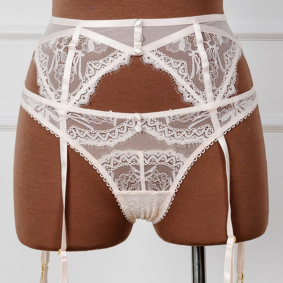 Lace & Mesh Button Garter - Champagne