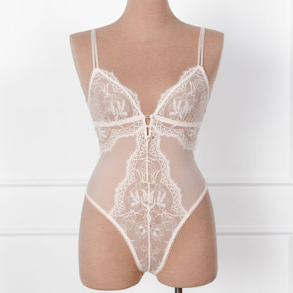 Lace & Mesh Button Teddy - Champagne