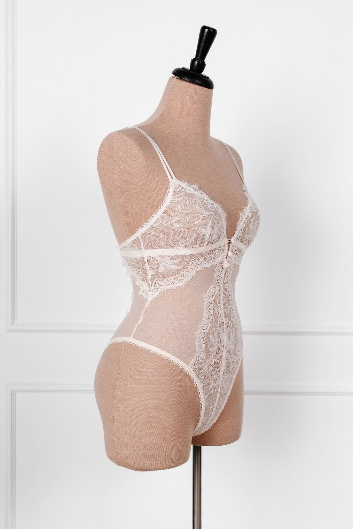 Lace & Mesh Button Teddy - Champagne