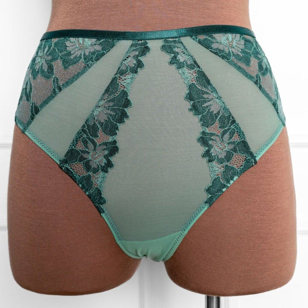Lace & Mesh High Waist Garter Panty - Garden Green
