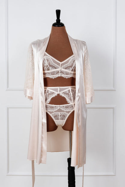 Satin & Eyelash Lace Robe - Champagne