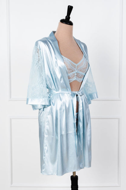 Satin & Eyelash Lace Robe - Something Blue